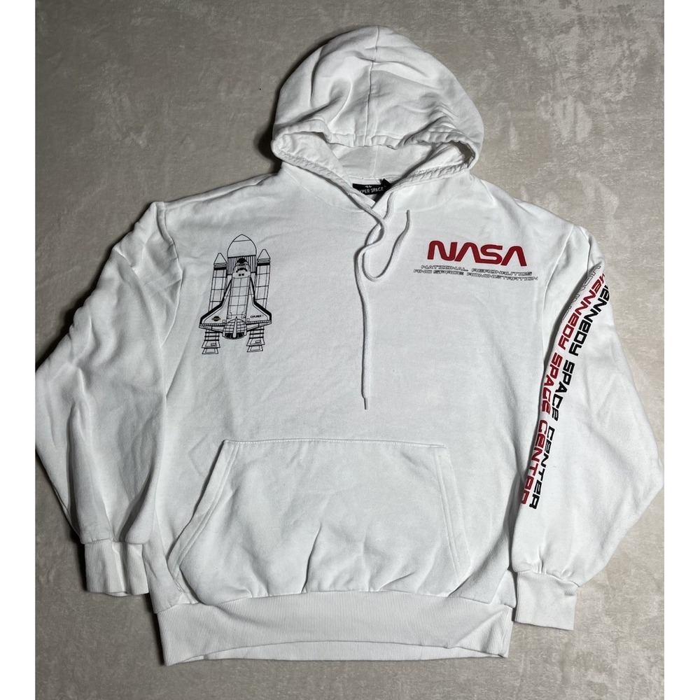Hyper Space NASA Hoodie Unisex M White Graphic Kennedy Space Center Pullover AOP